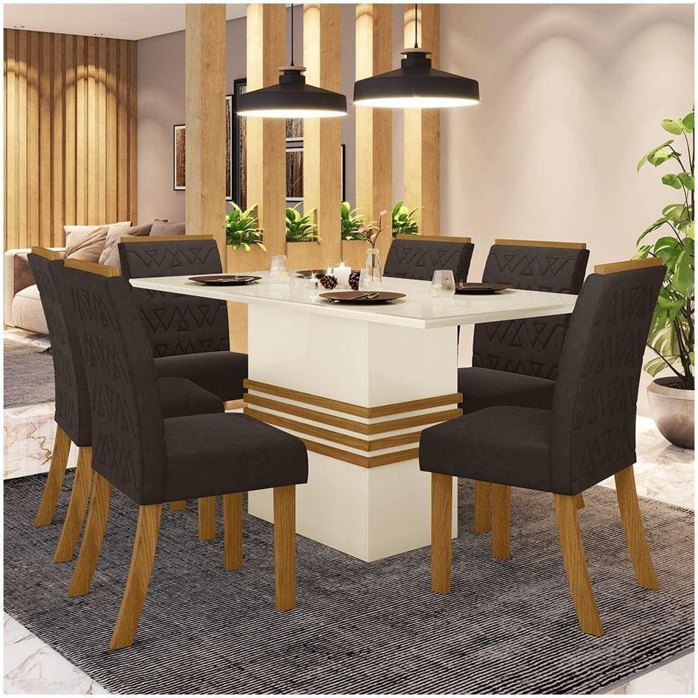 Conjunto Sala De Jantar Mesa 160cm Vidro 6 Cadeiras Melinda Casa 812 Nature Off White E Marrom