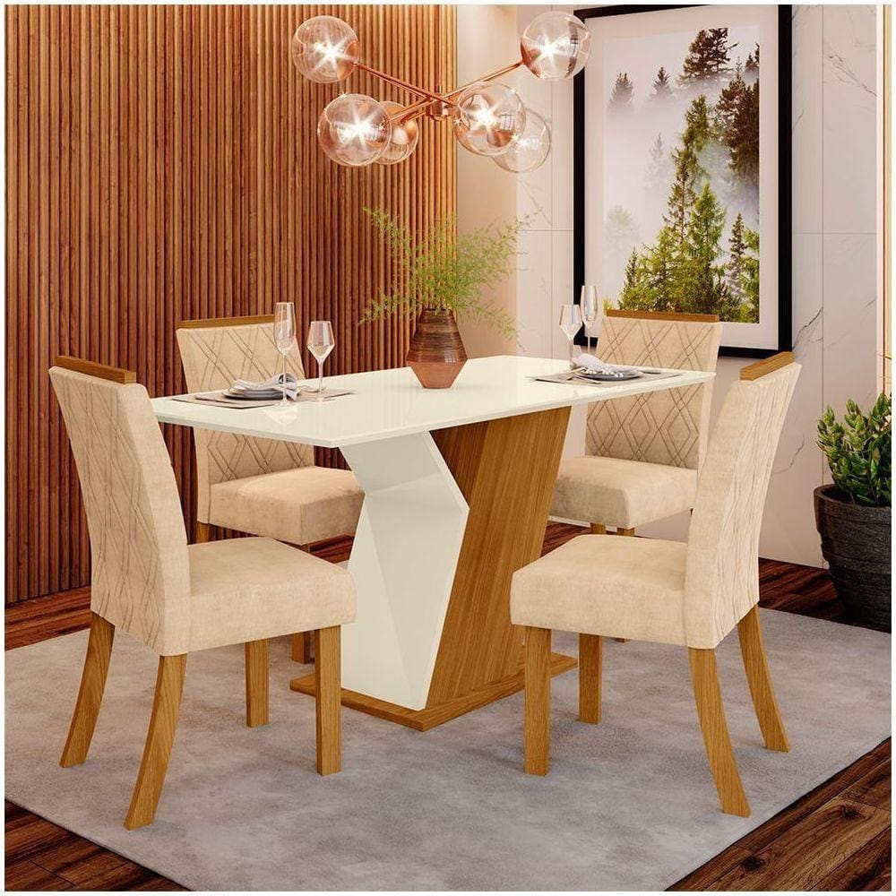 Conjunto Sala De Jantar Mesa 120cm 4 Cadeiras Lupita Casa 812 Nature Off White E Linho