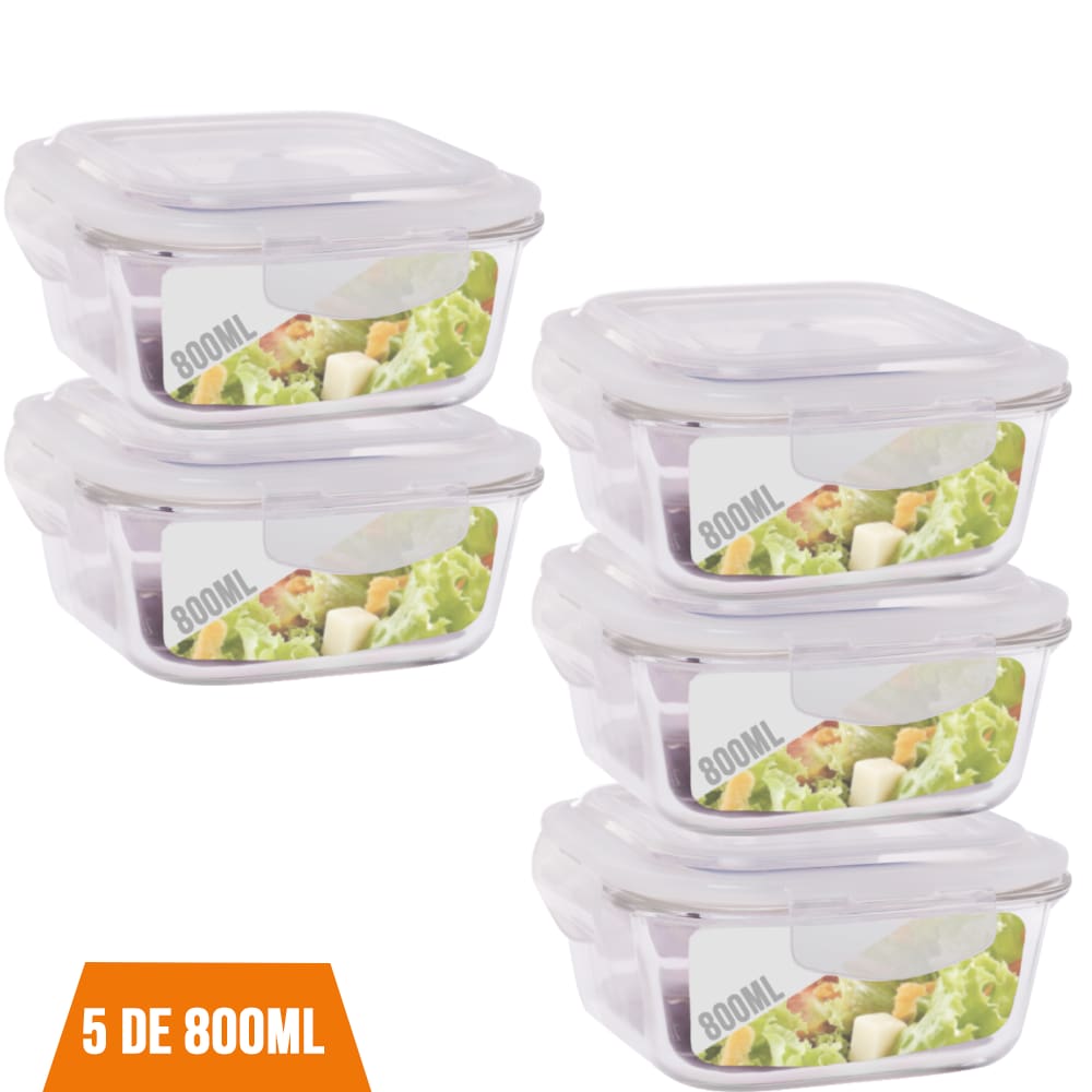 5 Pote 800ml Vidro Marmita Fitness Tampa 4 Trava Hermético