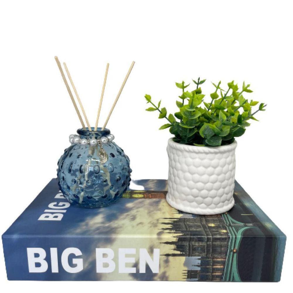 Kit decoração livro + vaso de cerâmica + difusor de vidro