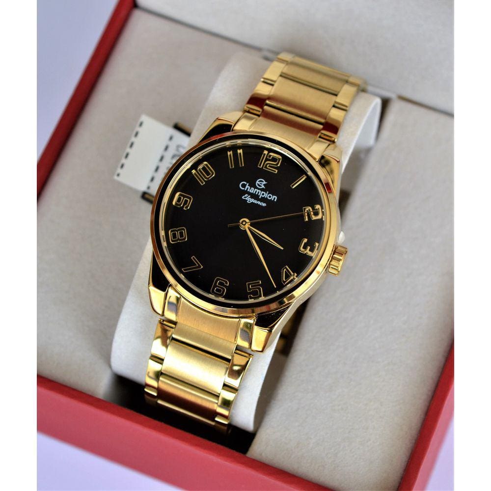 Relogio Champion Dourado Feminino Visor Preto Grande Numeros Cn27652u