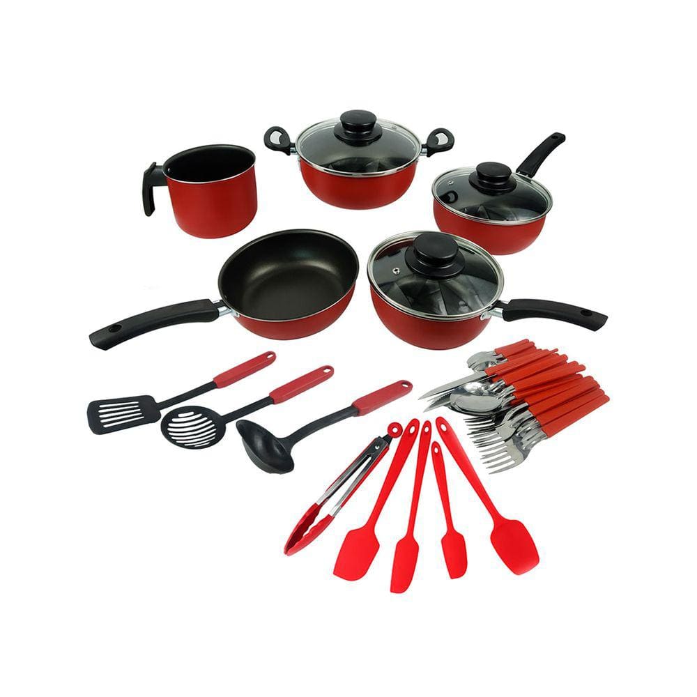 Kit Espátulas de Cozinha Silicone 5 Peças + Conjunto de Panelas Antiaderente Elegan C/ Tampa de Vidro e 24 Talheres