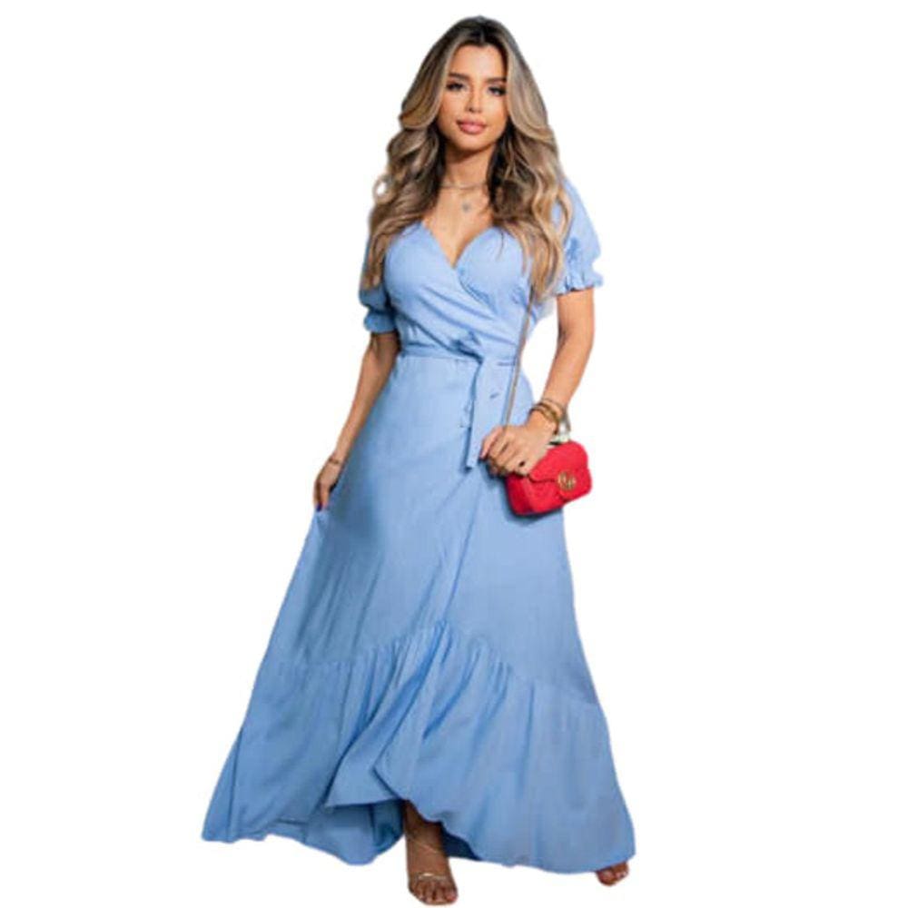 Vestido Longo Envelope Transpassado Babado Com Bojo