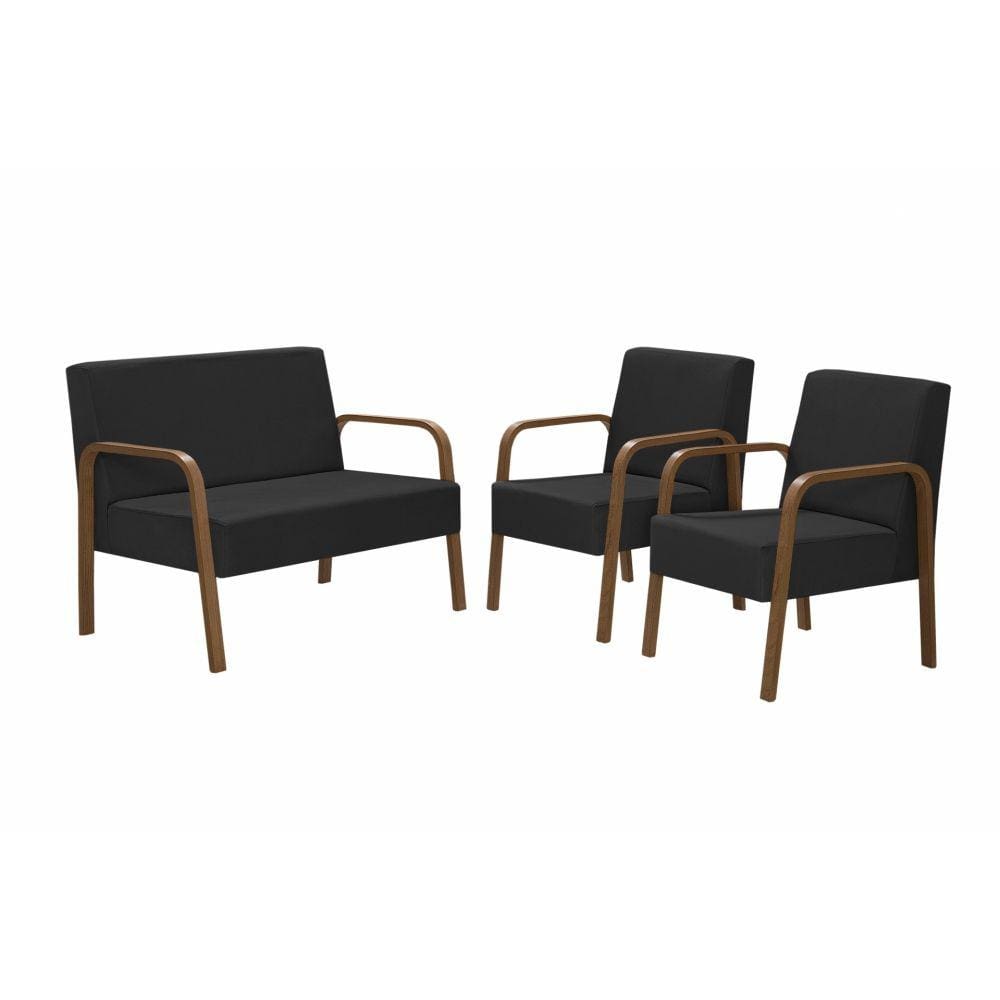 Conjunto Poltrona Luna Braço Madeira D Salla Suede Preto