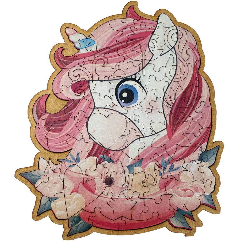 Quebra Cabeça 84 Peças MDF Com Moldura Brinquedo Infantil Nível Intermediário Unicórnio