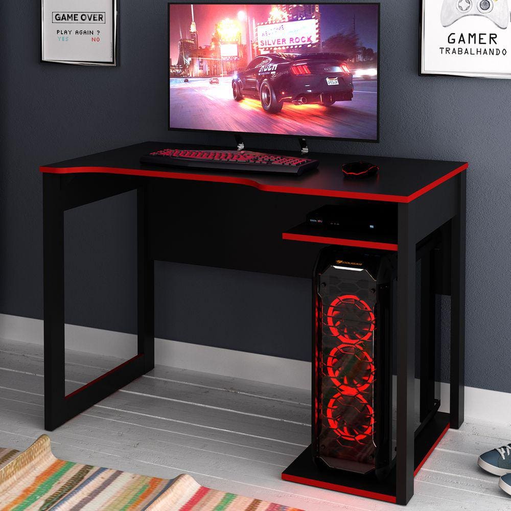 Mesa Gamer 1 Prateleira Preto/vermelho Me4161 - Tecno Mobili