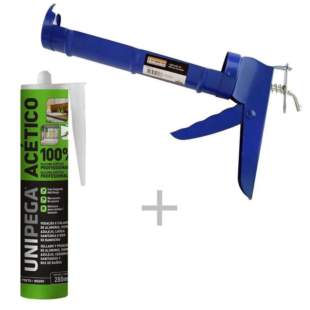 Kit Aplicador de silicone fechado Starfer + Silicone Acético Preto 280ml - Unipega