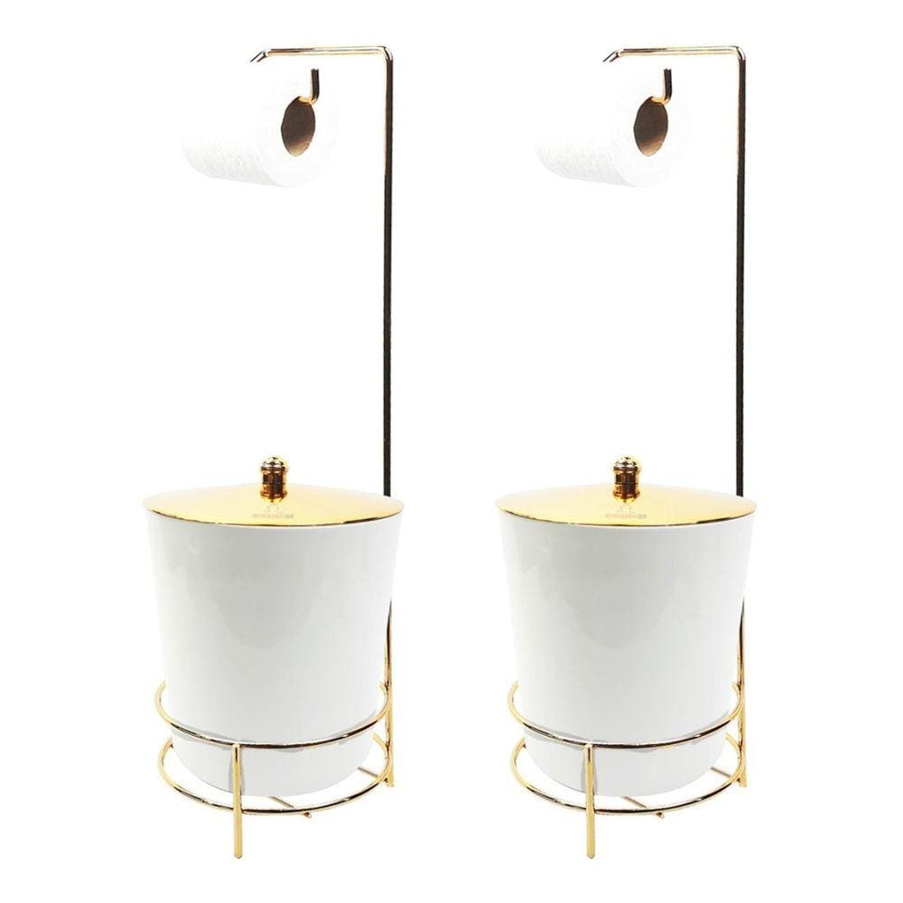 Kit 2 Suporte Porta Papel Higiênico Com Lixeira 5L Tampa Banheiro Branco Dourado - AMZ