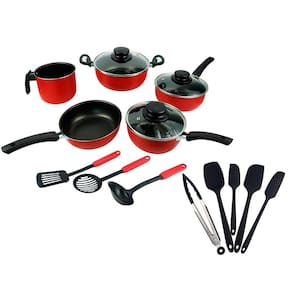 Kit Espátulas Utensílios de Cozinha Silicone 5 Peças + Conjunto de Panelas Antiaderente Elegan C/ Tampa de Vidro