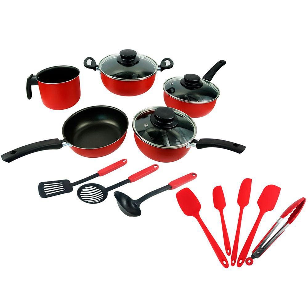 Kit Espátulas Utensílios de Cozinha Silicone 5 Peças + Conjunto de Panelas Antiaderente Elegan C/ Tampa de Vidro