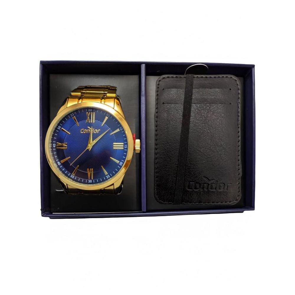 Relógio masculino condor dourado e azul analógico com porta cartão inox social