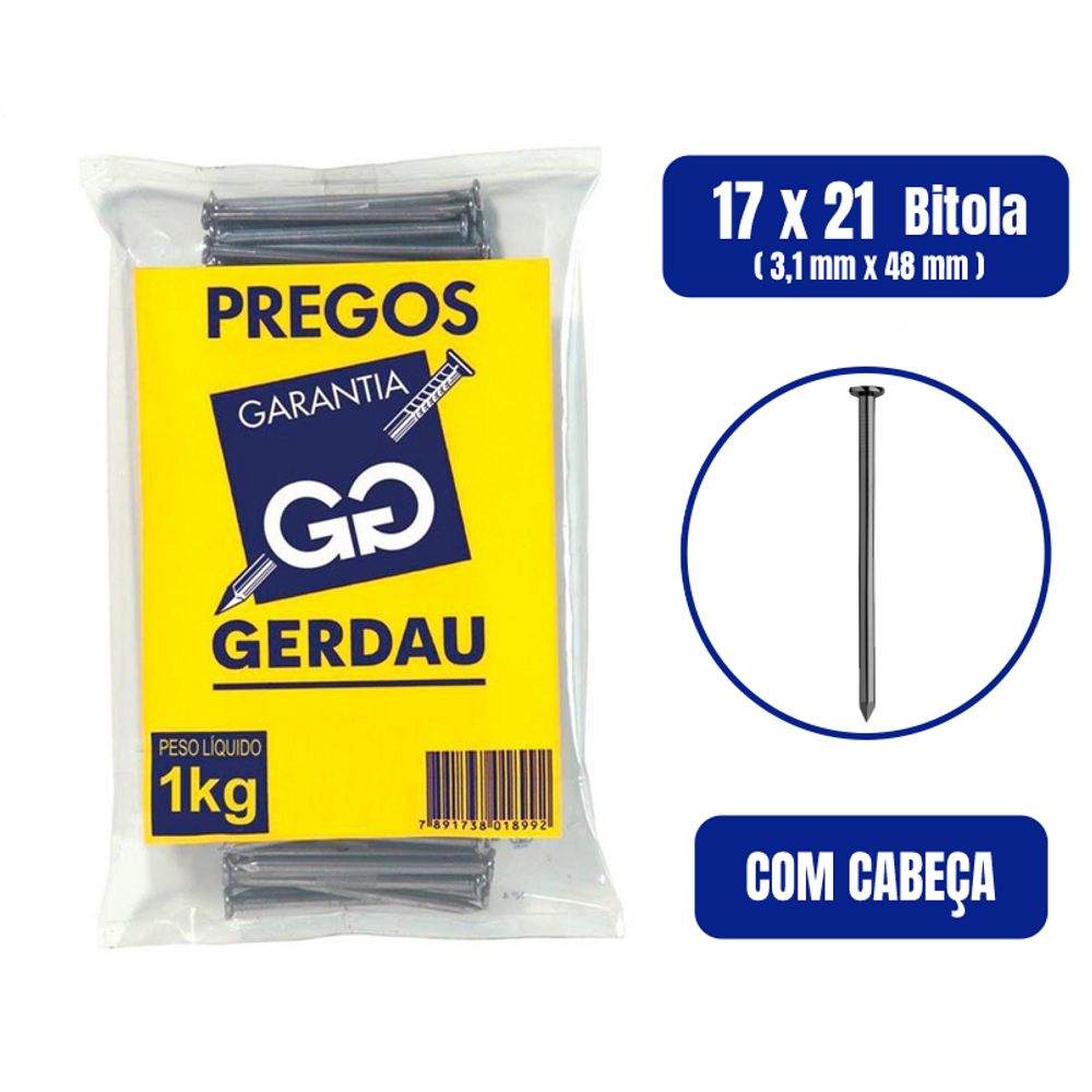 Prego Com Cabeça 17 x 21 1kg - GERDAU