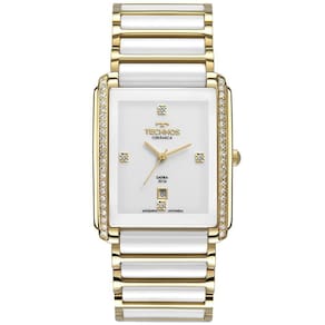 Relógio Feminino Dourado Technos Quadrado Cerâmica Safira