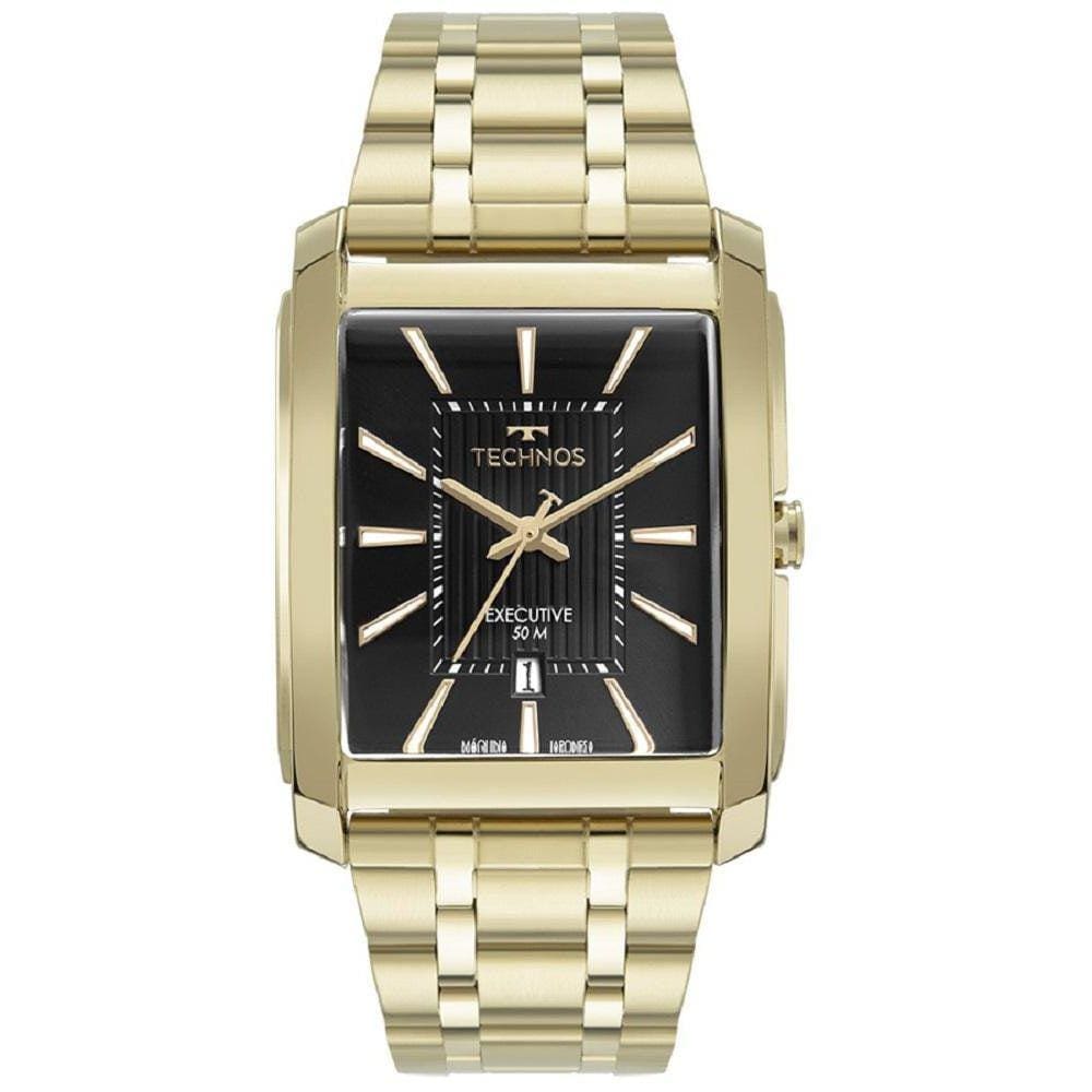 Relógio Technos Masculino Dourado Preto Quadrado Analogico