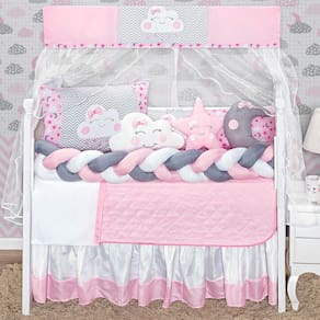 Kit Protetor Berço 12 Peças Menina Rosa Nuvem Estrela Lua