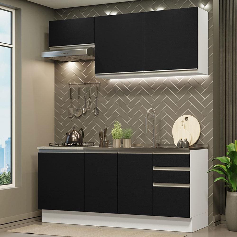 Cozinha Completa Madesa Glamy 180007 com Armário e Balcão (Sem Tampo e Pia) - Branco/Preto