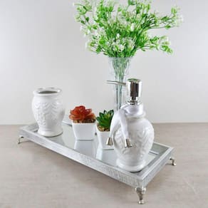 Bandeja Espelhada Lavabo Banheiro "SLIN" madeira PRATA 12x32x4cm pés de metal prateado/cromado