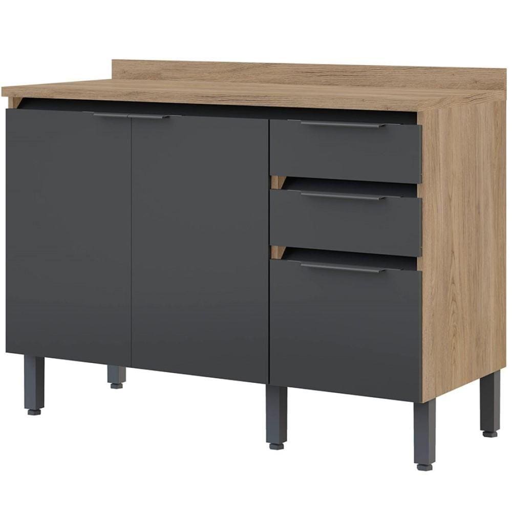 Balcão de Cozinha Com Tampo Organizador Multiuso 3 Gavetas 2 Portas Hibisco Marrom Grafite
