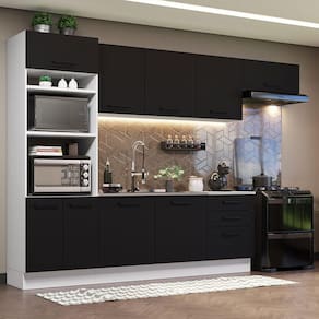 Cozinha Completa Madesa Agata 330001 com Armário e Balcão (Sem Tampo e Pia) - Branco/Preto