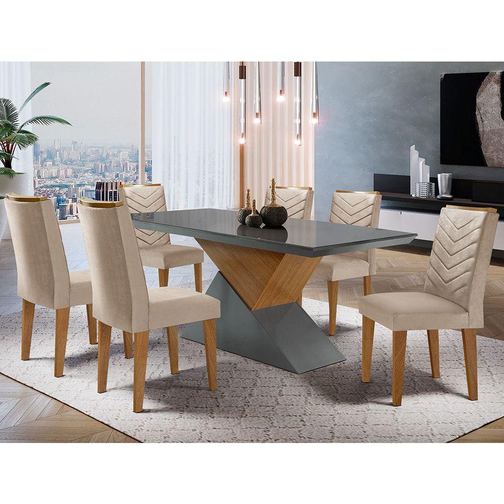 Mesa Aster 180 Tampo em MDF e Vidro com 6 Cadeiras Liz Moderna