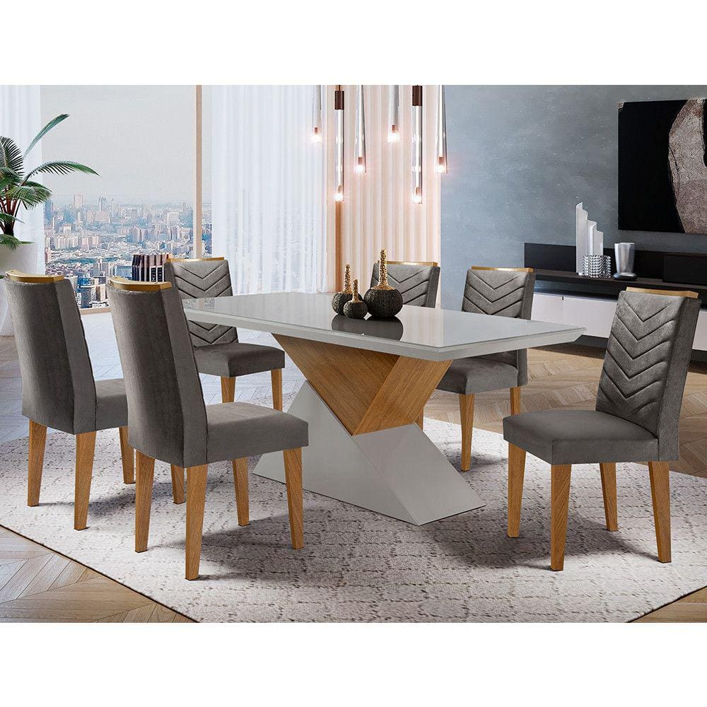 Mesa Aster 180 Tampo em MDF e Vidro com 6 Cadeiras Liz Moderna