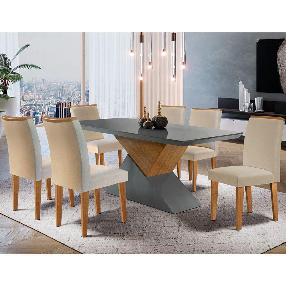 Mesa Aster 180 Tampo em MDF Canto Reto com 6 Cadeiras Lunara Moderna