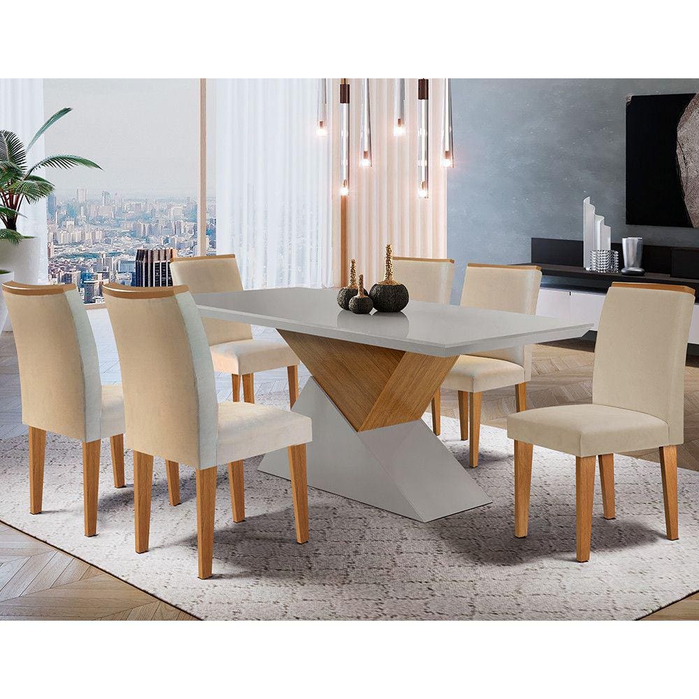 Mesa Aster 180 Tampo em MDF Canto Reto com 6 Cadeiras Lunara Moderna