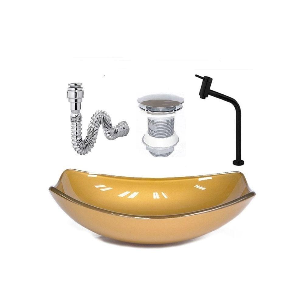 Cuba De Vidro Oval Chanfrada 46Cm Dourado Real + Valvula + Torneira Metal Preta + Sifao