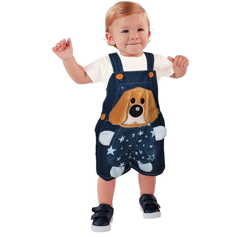 Roupas De Bebê Jardineira Brim Jeans Cachorrinho Infantil
