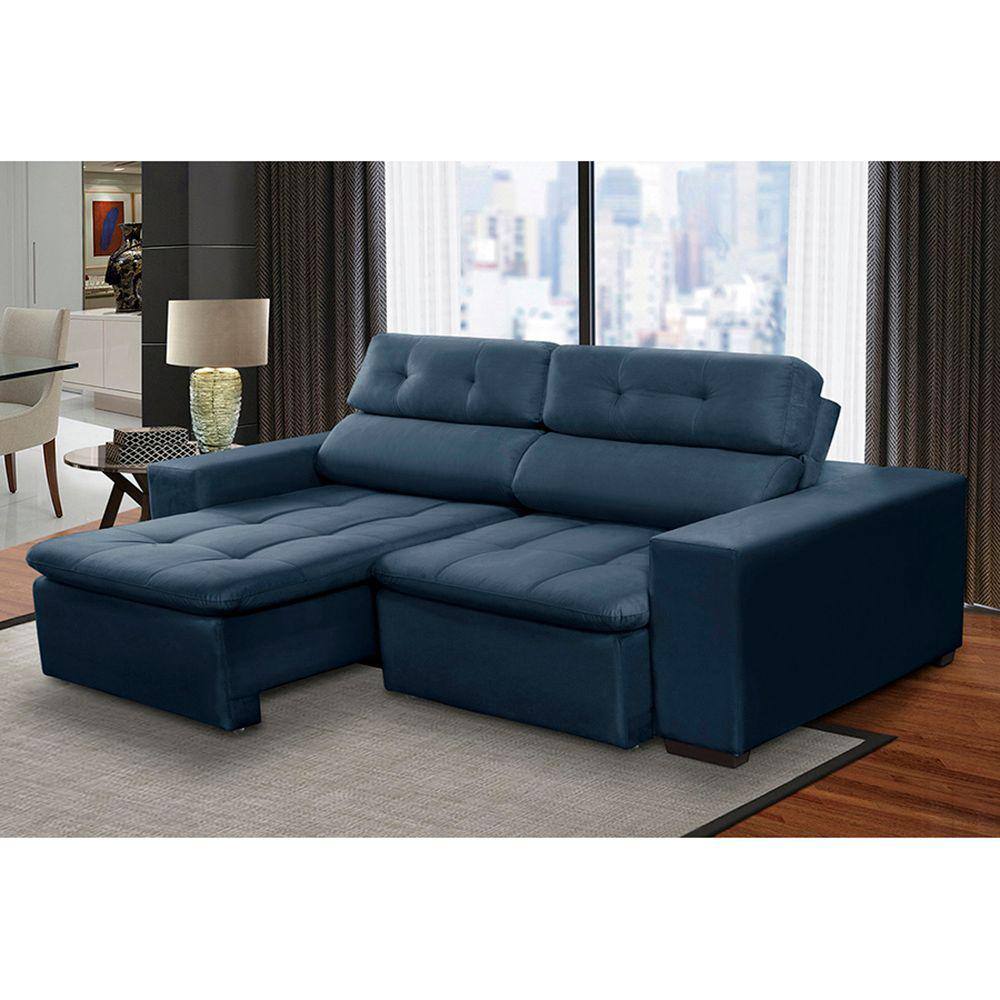 Sofá 3 Lugares Retrátil e Reclinável Antonela 2,10m Suede Azul Madelina Decor