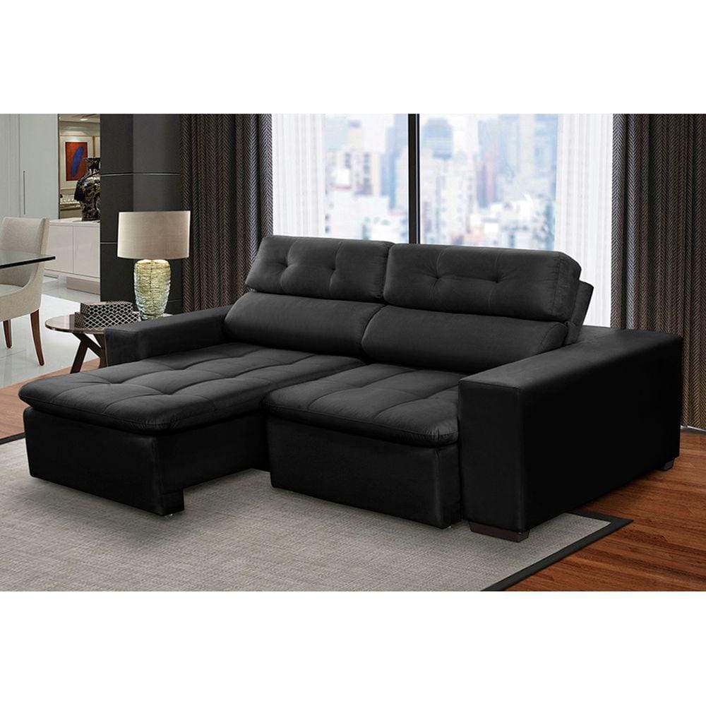 Sofá 3 Lugares Retrátil e Reclinável Antonela 2,10m Suede Preto Madelina Decor