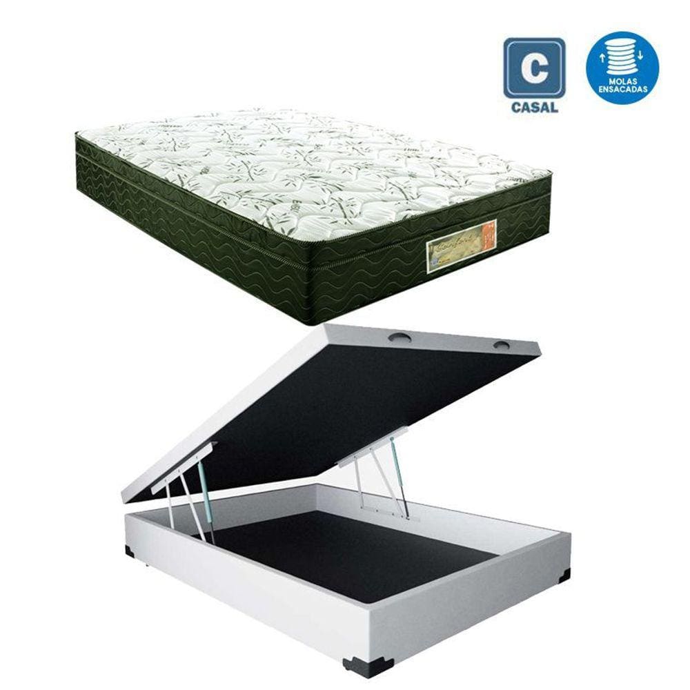 Cama Box casal com baú branca + Colchão Molas ensacada 1,38 x 1,88 x 24 cm