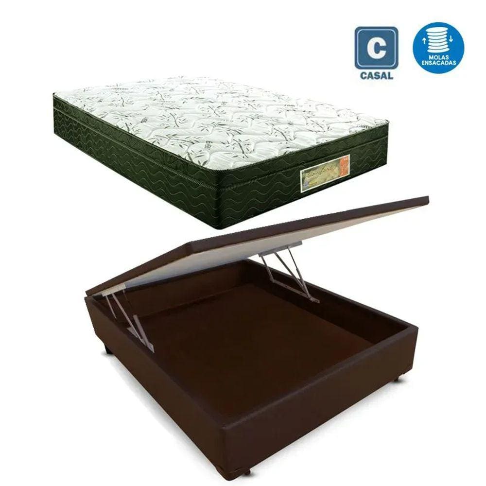 Cama Box casal com baú marrom + Colchão Molas ensacada 1,38 x 1,88 x 24 cm