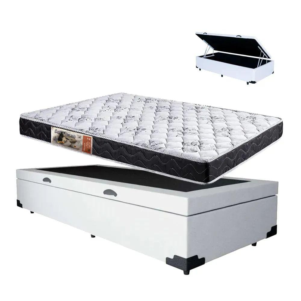 Cama Box Baú Branco Solteiro Colchão Mola Ensacada + 61x88x188