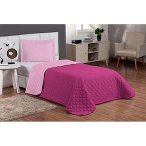 Kit Colcha Solteiro 3 Peças Dupla Face Com Viés Rosa/Pink