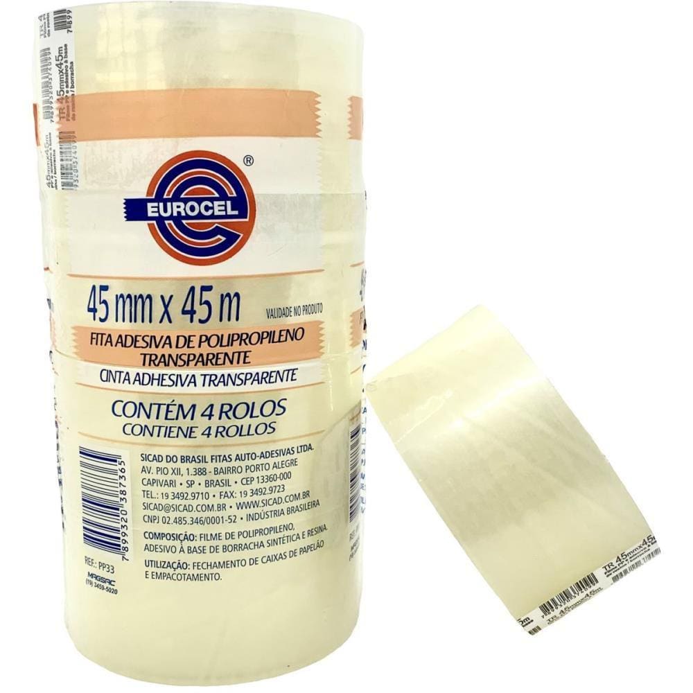 Fita para Empacotamento PP 33 45MMX45M Transparente Pacote com 04