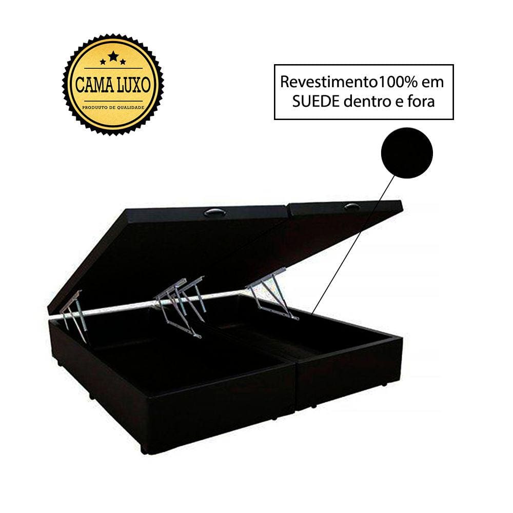 Cama Box Baú Luxo Blindado Casal Bipartido NK Camas Suede Preto 41x138x188