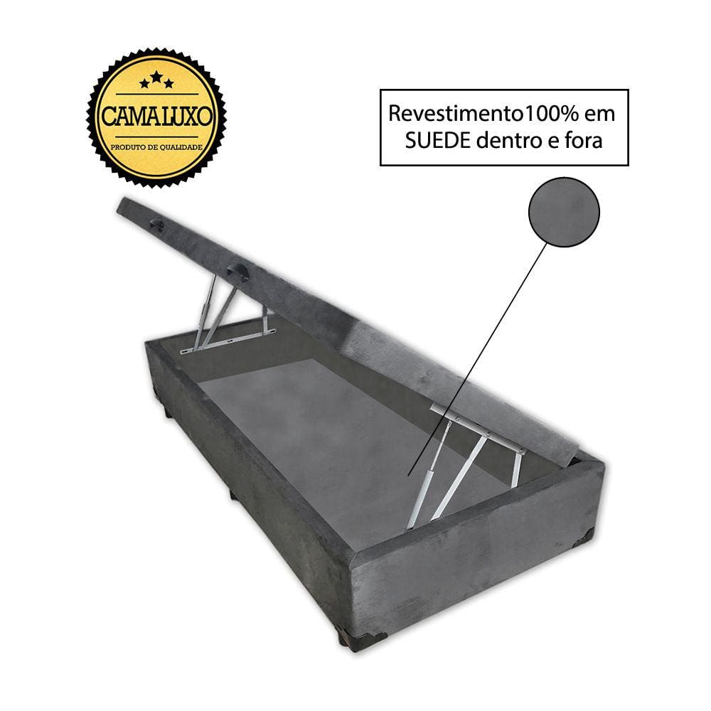 Cama Box Baú Luxo Blindado Solteirão NK Camas Suede Cinza 49x96x203
