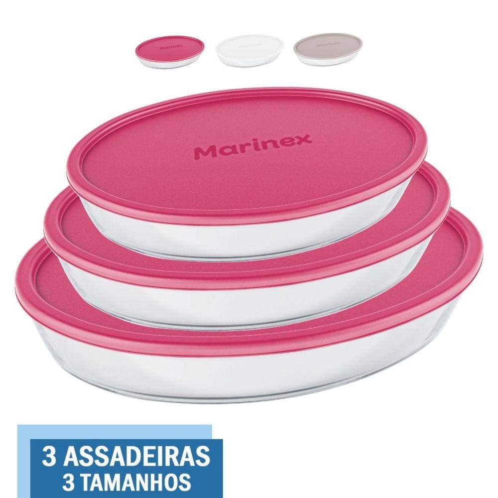 Kit 3 Assadeiras Oval Vidro Com Tampa 1,6L 2,4L 3,2L Marinex