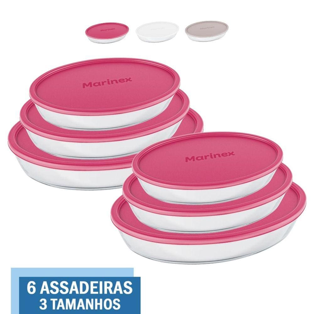 Kit 6 Assadeiras Oval Vidro Com Tampa 1,6L 2,4L 3,2L Marinex