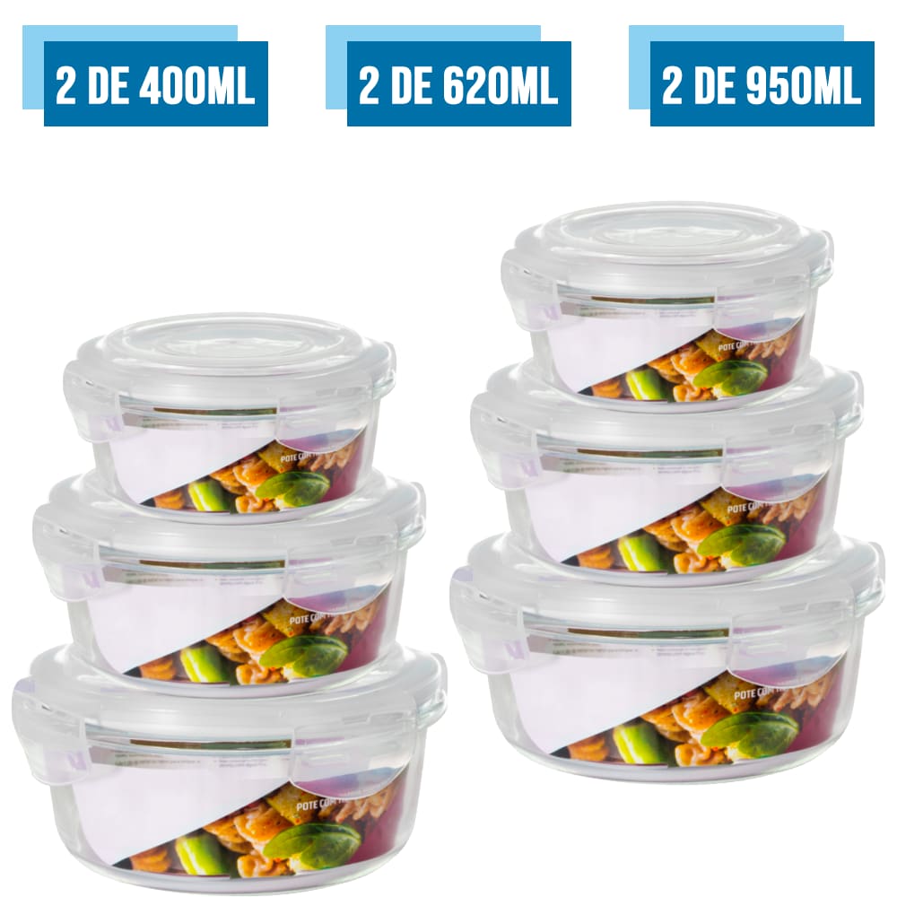 Conjunto 6 Tamanhos Pote Hermético Vidro Kit Redondo