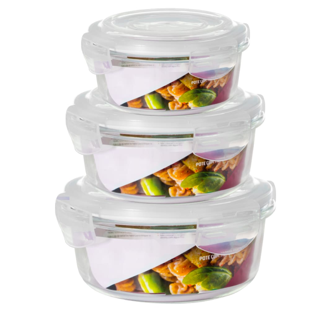 Jogo 3 Tamanhos Pote Vidro Hermético Marmita Kit Redondo