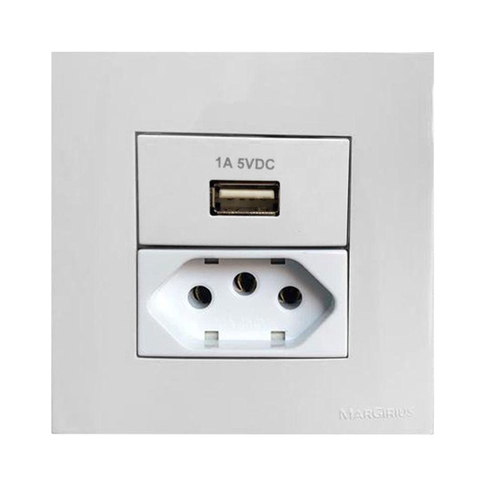 Tomada 3 Pinos 10a + Carregador USB 1A Móvel Marmore Drywall Gesso Granito Móveis Pedra Embutir Branco Margirius