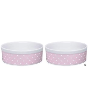 Kit Comedouro e Bebedouro de Porcelana 600ml Rosa Bolinhas