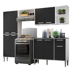 Cozinha Compacta Multimóveis Xangai FG3415 com 3 Leds Armário e Balcão Branca/Preta