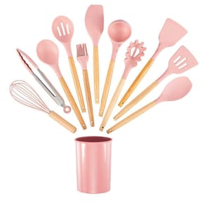 Kit De Utensílios De Cozinha 12 Peças Silicone - Rosa