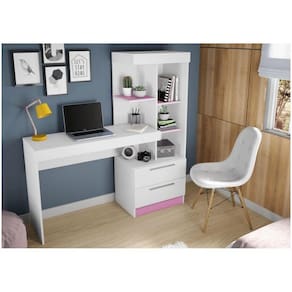 Mesa Office Nt 2010 Com 2 Gavetas E 3 Prateleiras Notável Branco Com Rosa
