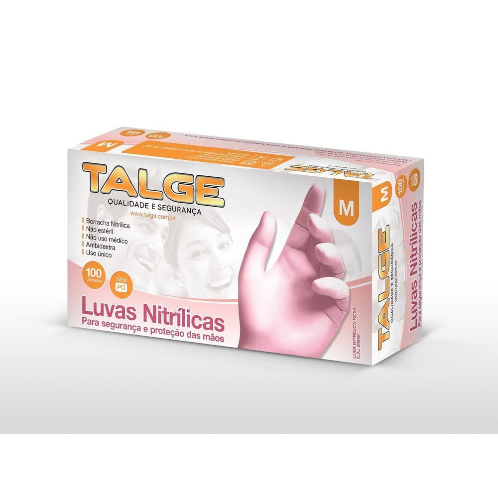 Luva de Nitrilo Rosa M sem pó Talge cartucho 100 unid