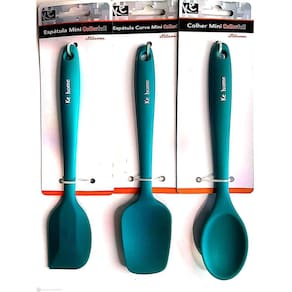 Kit 3 Utensílios De Cozinha Silicone Azul Turquesa Mini 22Cm