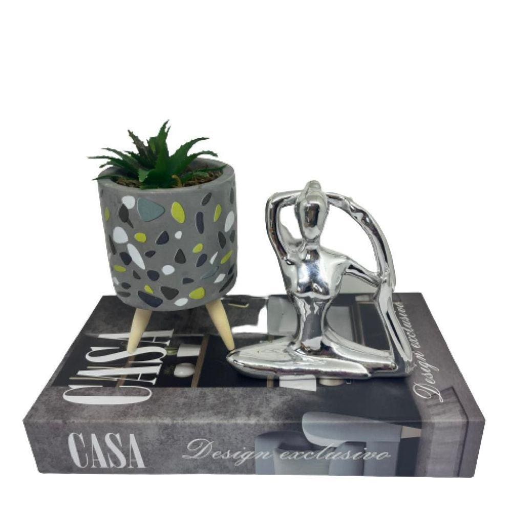 Kit decoração livro + vaso tripé + mulher meditando prata